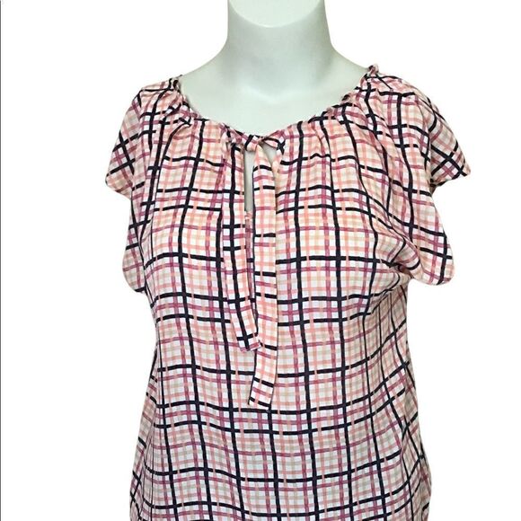 Stripes and checkers colorful printed cap sleeve blouse size large - Picture 1 of 4